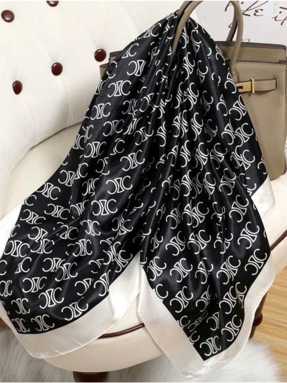 Black and White Satin Logo-Pattern Fashion Scarf